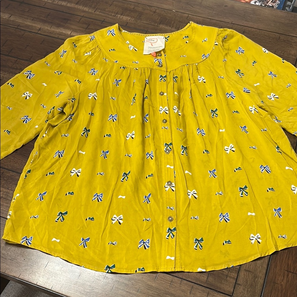 Anthropologie Yellow Top with Bow Pattern